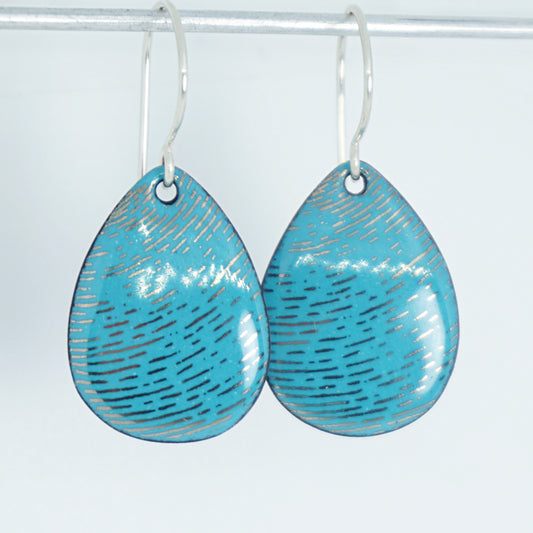 Silver Accents on Teal Green Enamel Teardrop Earrings