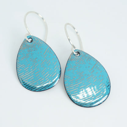 Silver Accents on Teal Green Enamel Teardrop Earrings