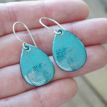 Silver Accents on Teal Green Enamel Teardrop Earrings