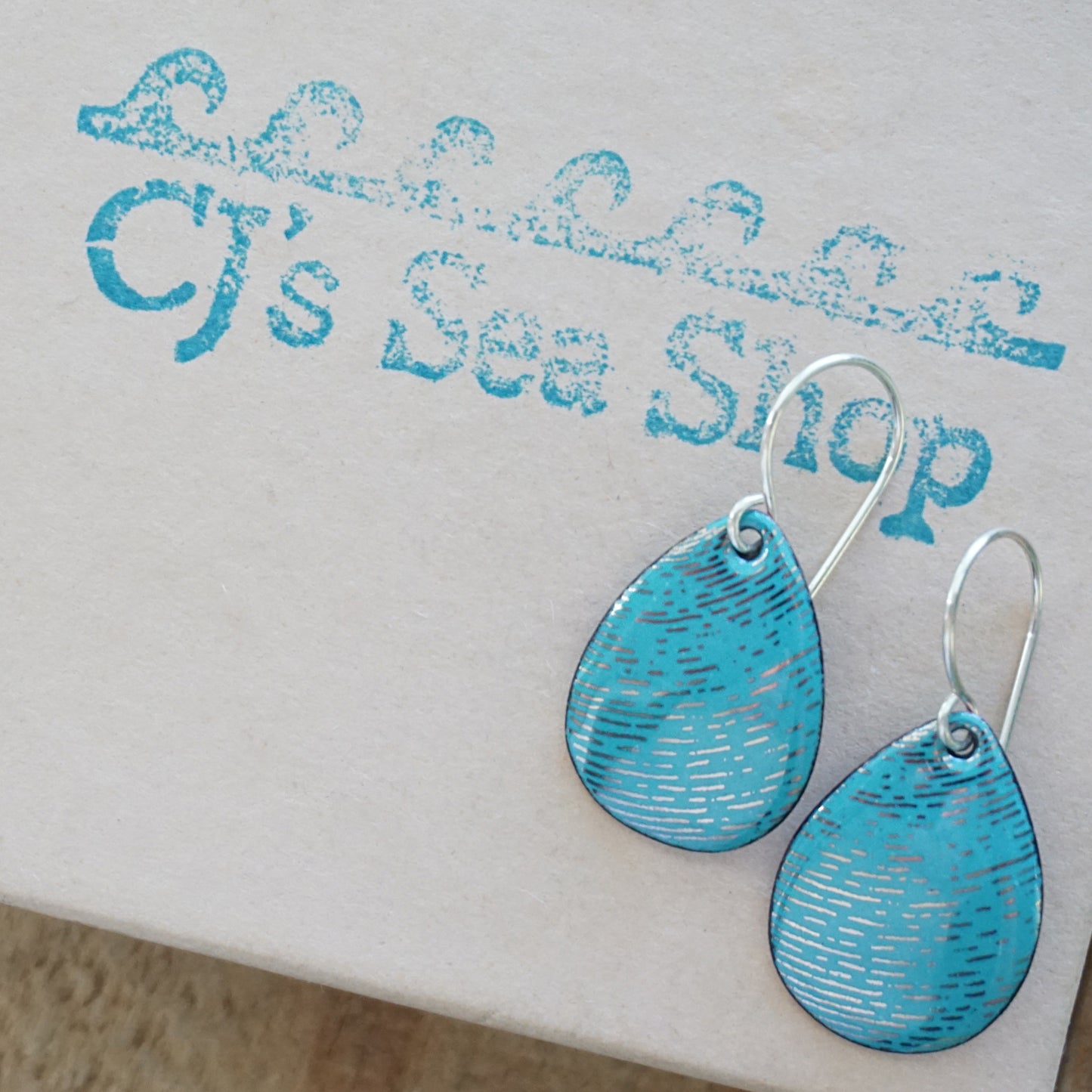 Silver Accents on Teal Green Enamel Teardrop Earrings