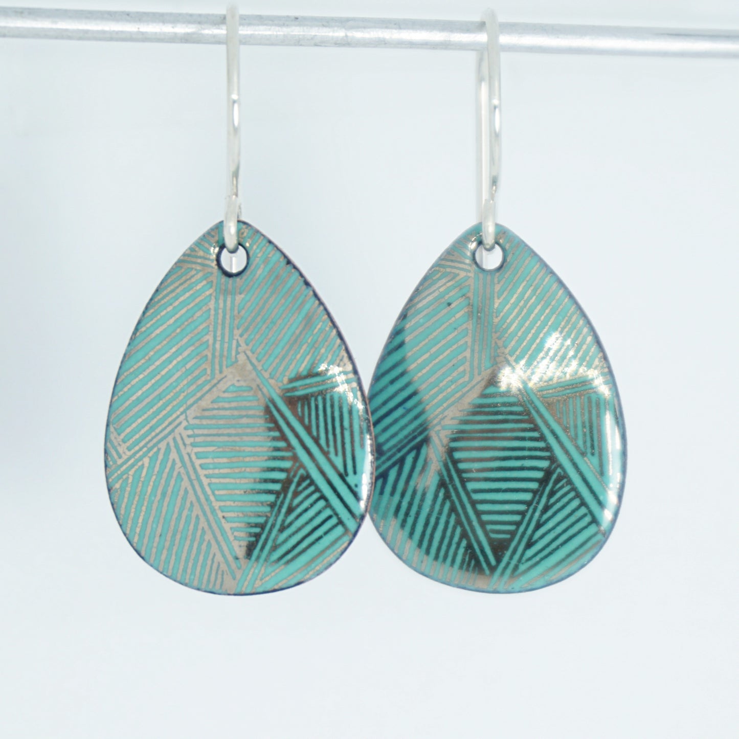 Silver Accents on Green Enamel Teardrop Earrings