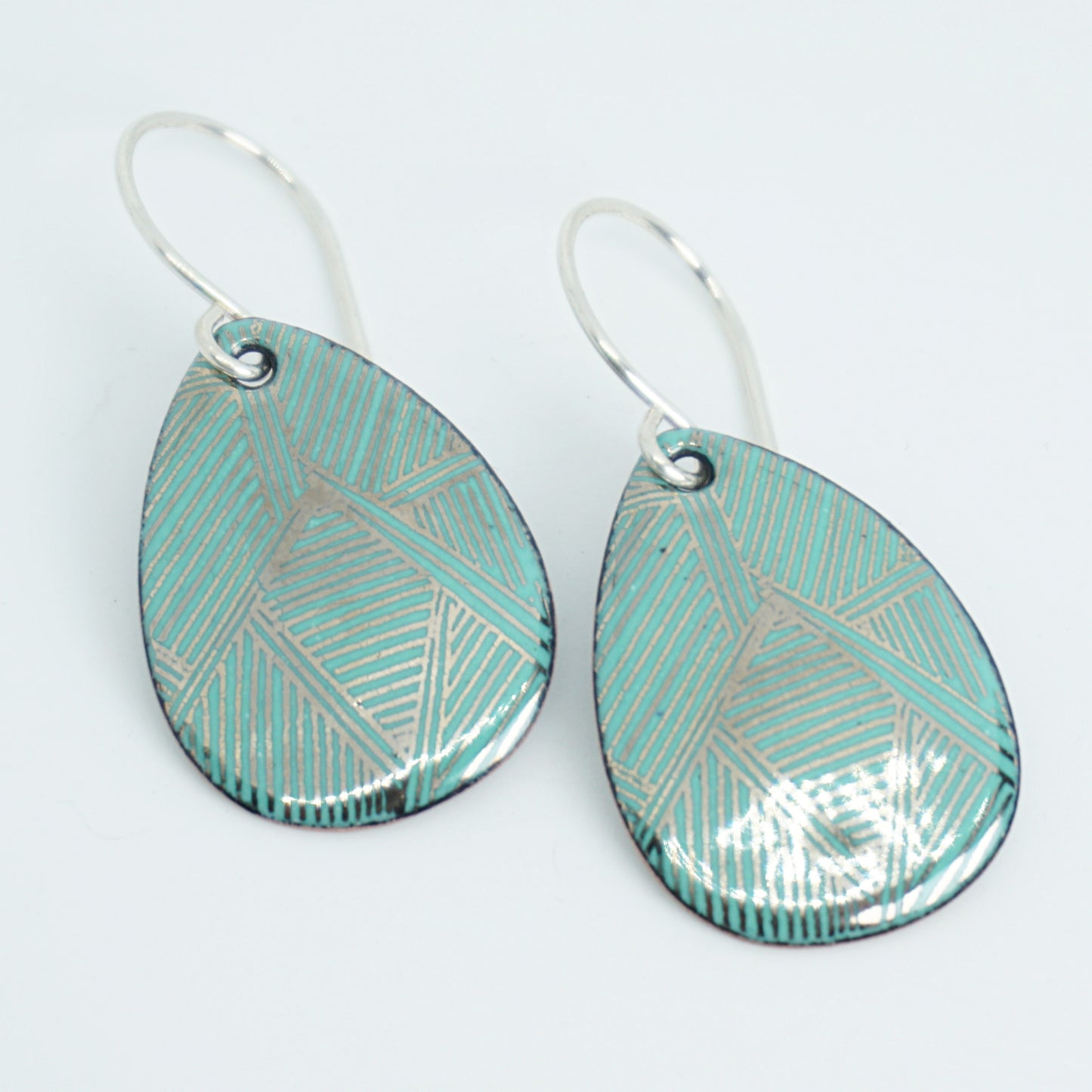 Silver Accents on Green Enamel Teardrop Earrings