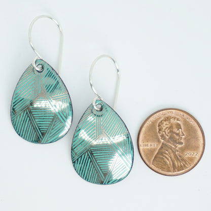 Silver Accents on Green Enamel Teardrop Earrings