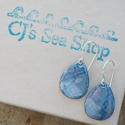 Silver Accents on Blue Enamel Teardrop Earrings