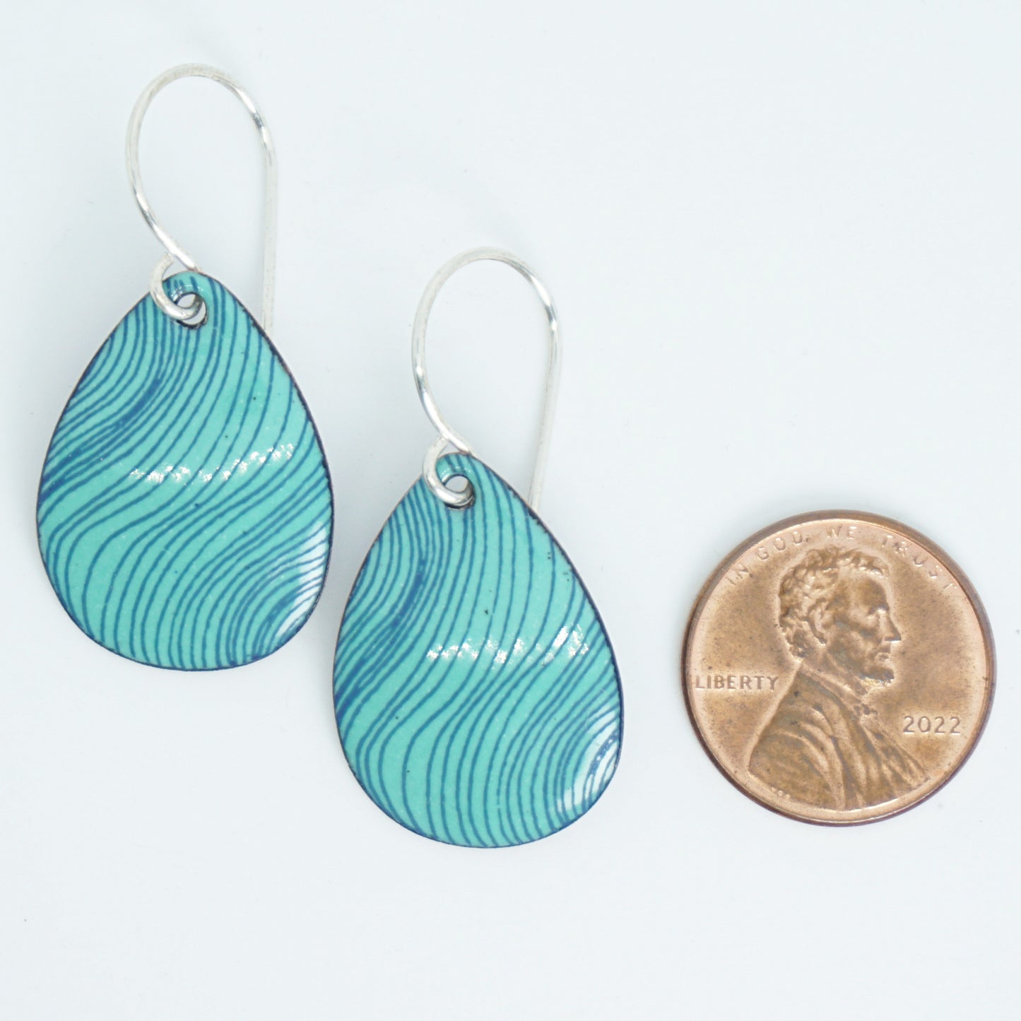 Blue Accents on Green Enamel Teardrop Earrings