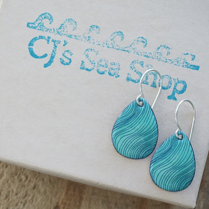 Blue Accents on Green Enamel Teardrop Earrings