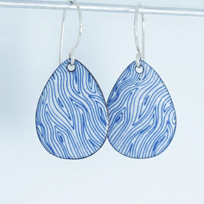 Blue Accents on White Enamel Teardrop Earrings