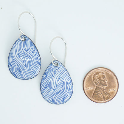 Blue Accents on White Enamel Teardrop Earrings