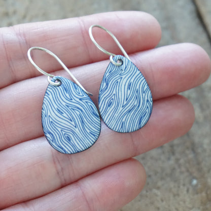 Blue Accents on White Enamel Teardrop Earrings