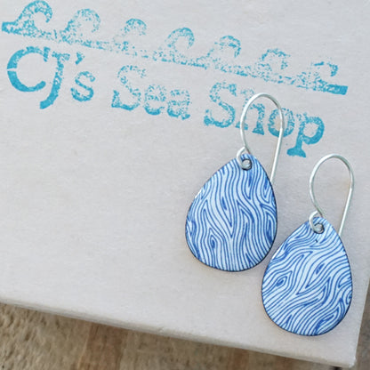 Blue Accents on White Enamel Teardrop Earrings