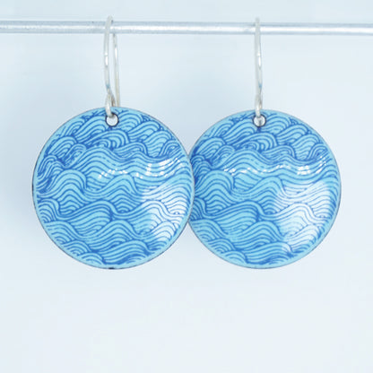 Blue Waves on Light Blue Enamel Disc Earrings