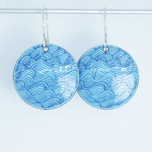 Blue Waves on Light Blue Enamel Disc Earrings