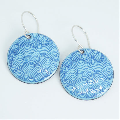 Blue Waves on Light Blue Enamel Disc Earrings