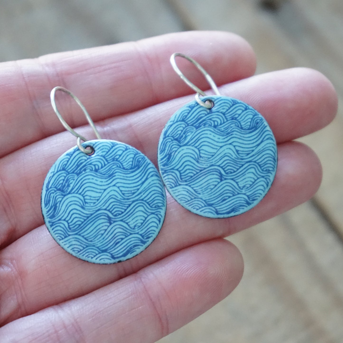 Blue Waves on Light Blue Enamel Disc Earrings
