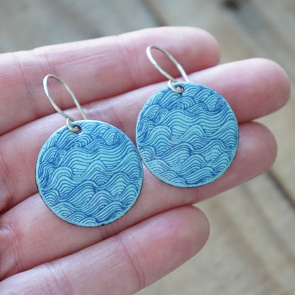 Blue Waves on Light Blue Enamel Disc Earrings