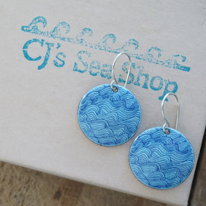 Blue Waves on Light Blue Enamel Disc Earrings