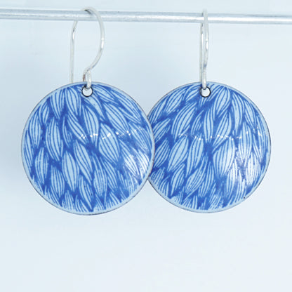 Blue Leaf Accents on Light Periwinkle Enamel Disc Earrings