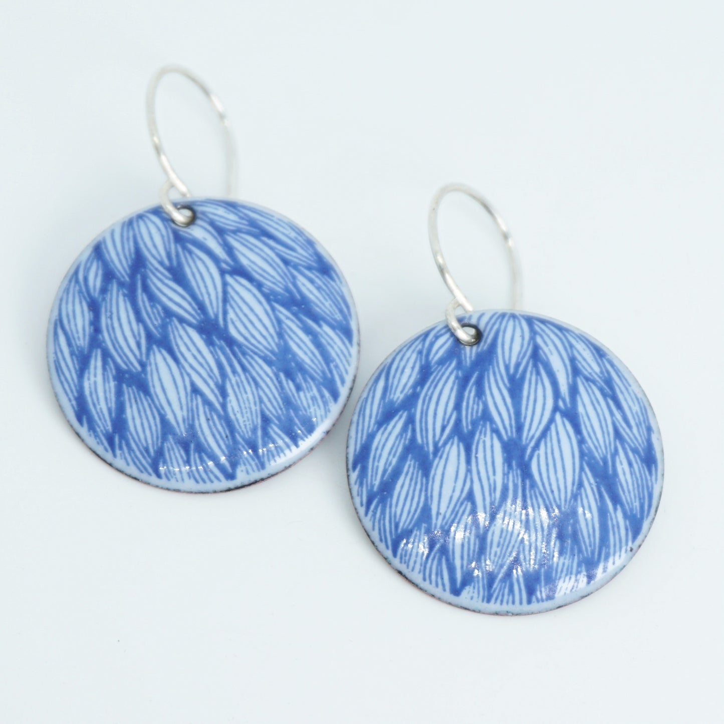 Blue Leaf Accents on Light Periwinkle Enamel Disc Earrings