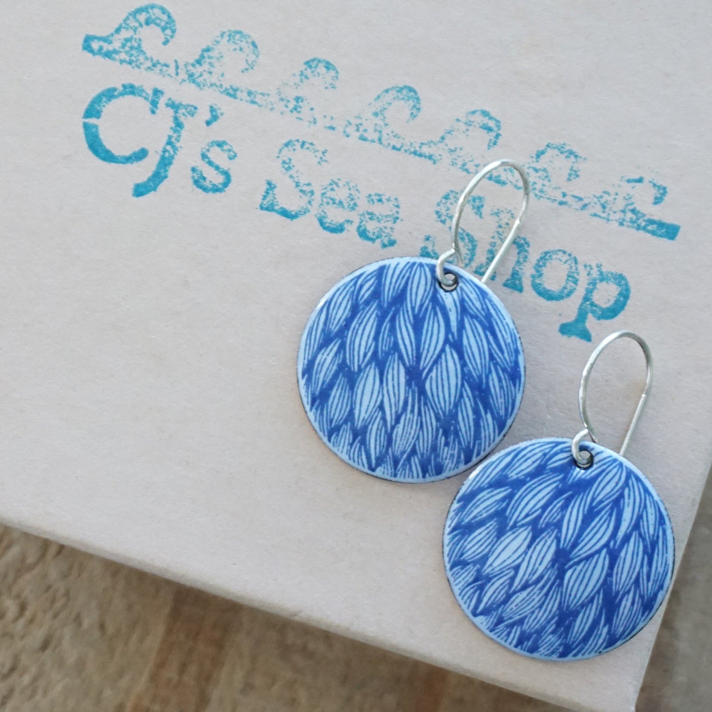 Blue Leaf Accents on Light Periwinkle Enamel Disc Earrings