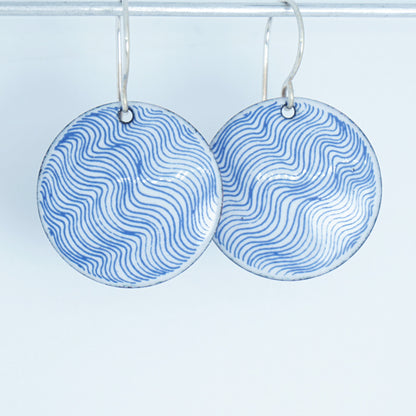Blue Wavy Line Accents on Light Periwinkle Enamel Disc Earrings