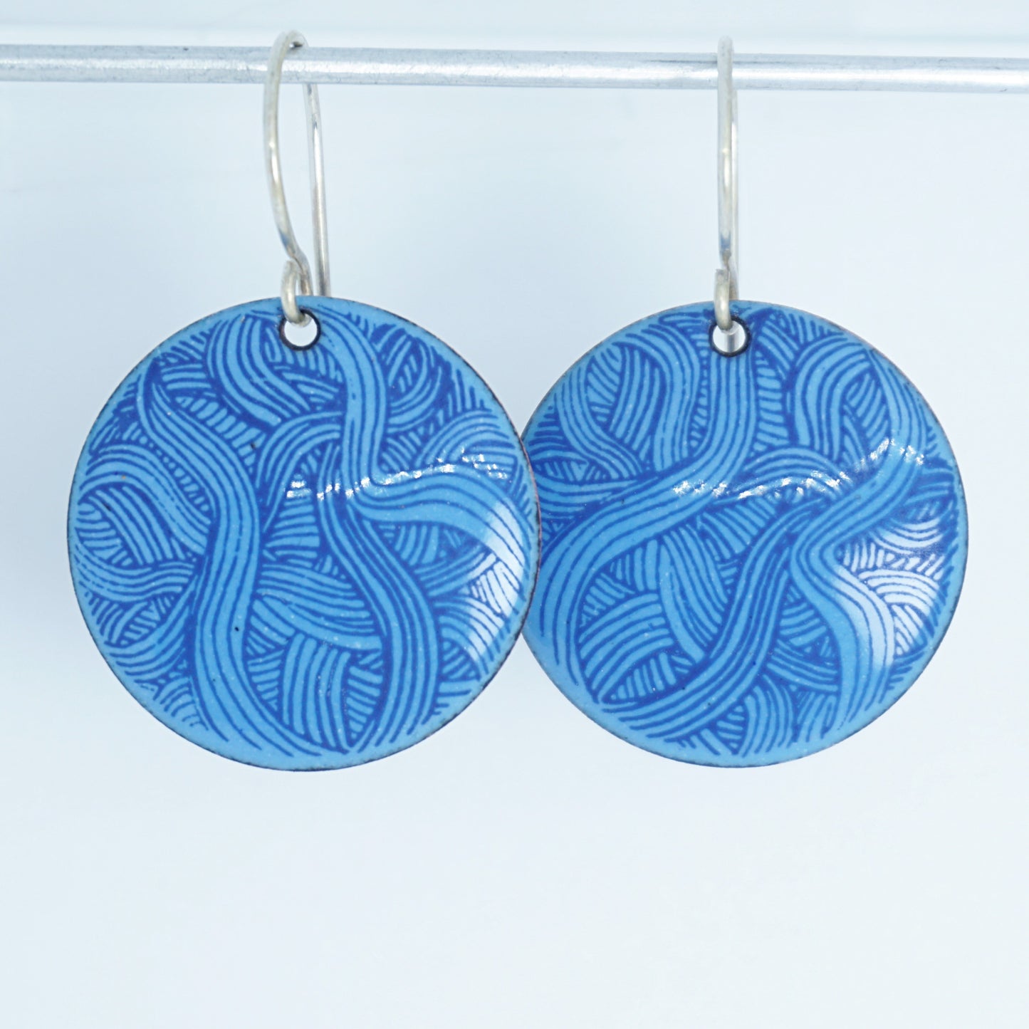 Blue Line Accents on Blue Enamel Disc Earrings
