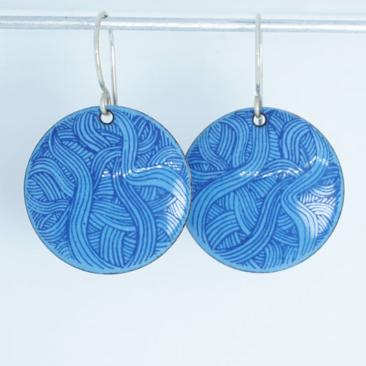 Blue Line Accents on Blue Enamel Disc Earrings