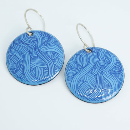 Blue Line Accents on Blue Enamel Disc Earrings