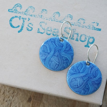 Blue Line Accents on Blue Enamel Disc Earrings
