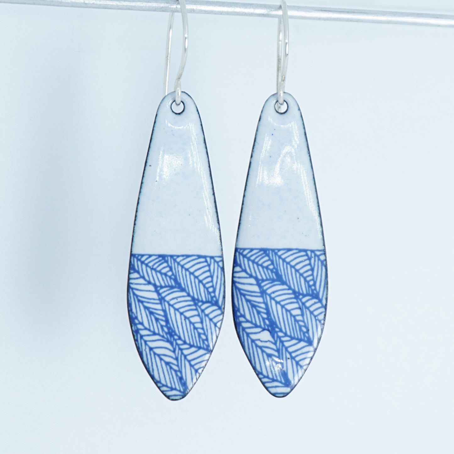 Blue Leaf Accents on White Enamel Teardrop Earrings