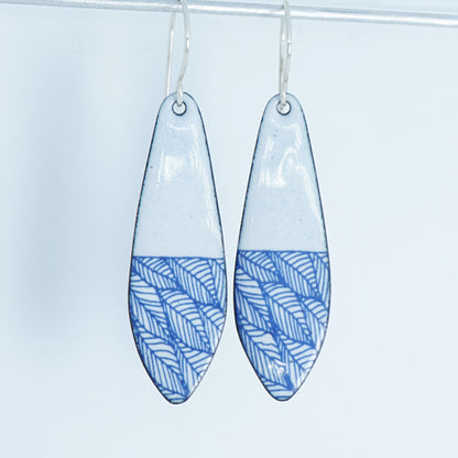 Blue Leaf Accents on White Enamel Teardrop Earrings