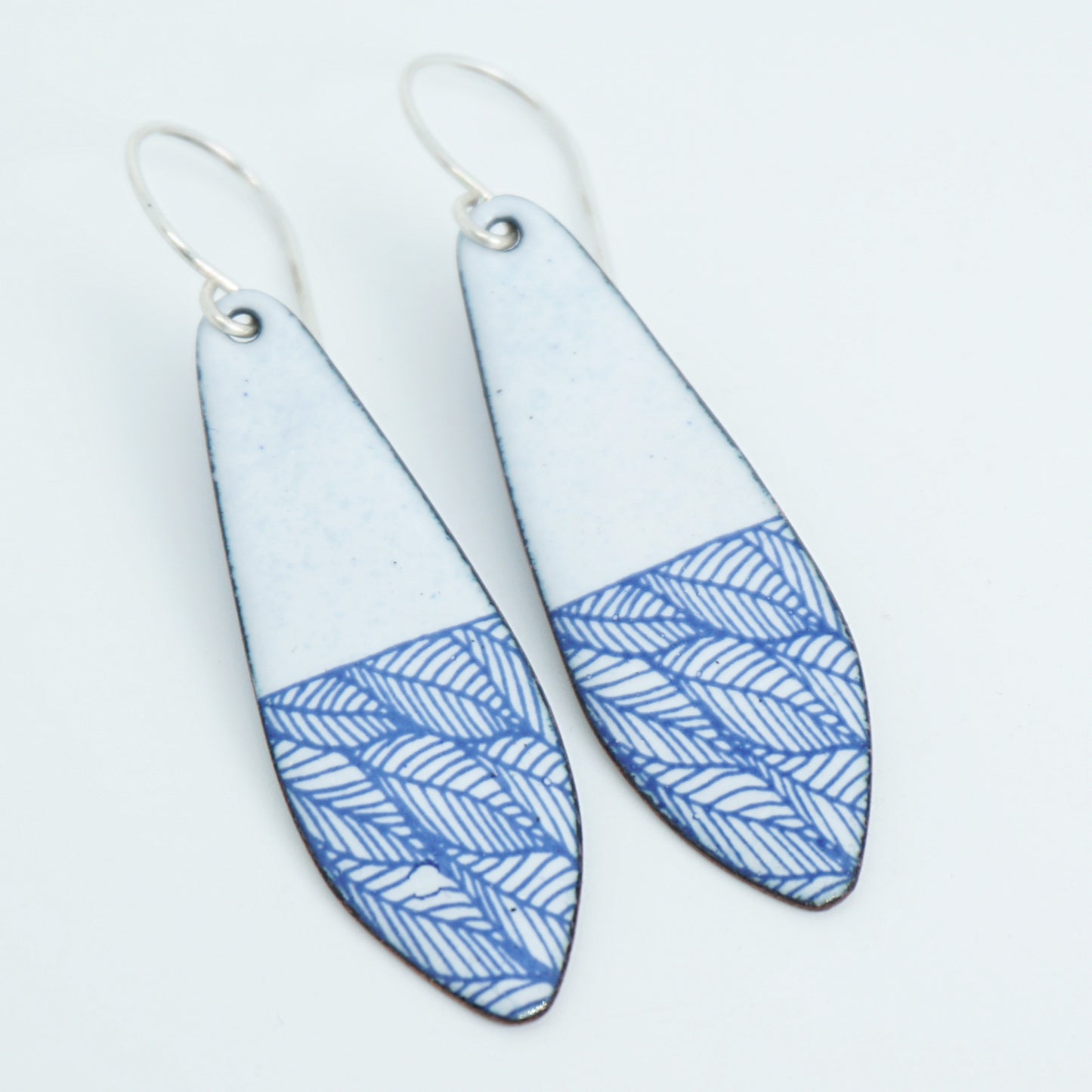 Blue Leaf Accents on White Enamel Teardrop Earrings