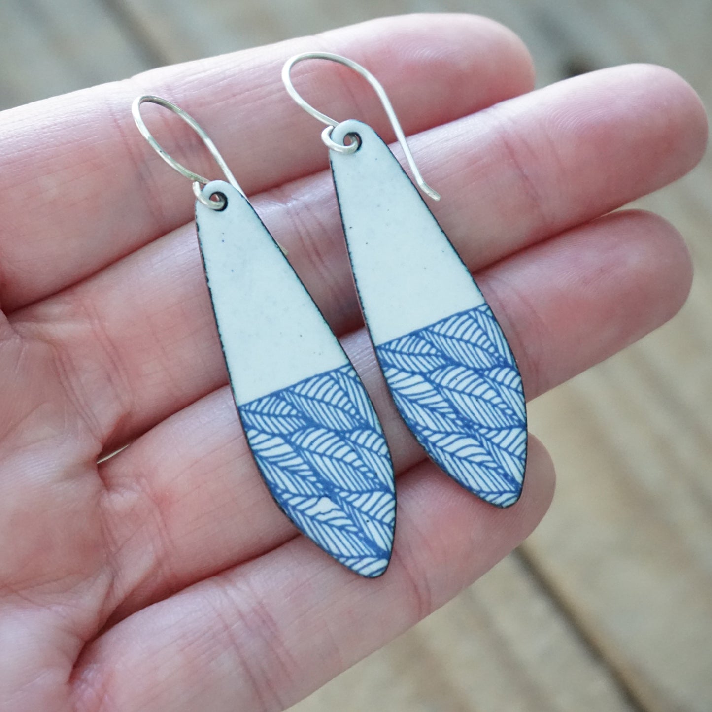 Blue Leaf Accents on White Enamel Teardrop Earrings