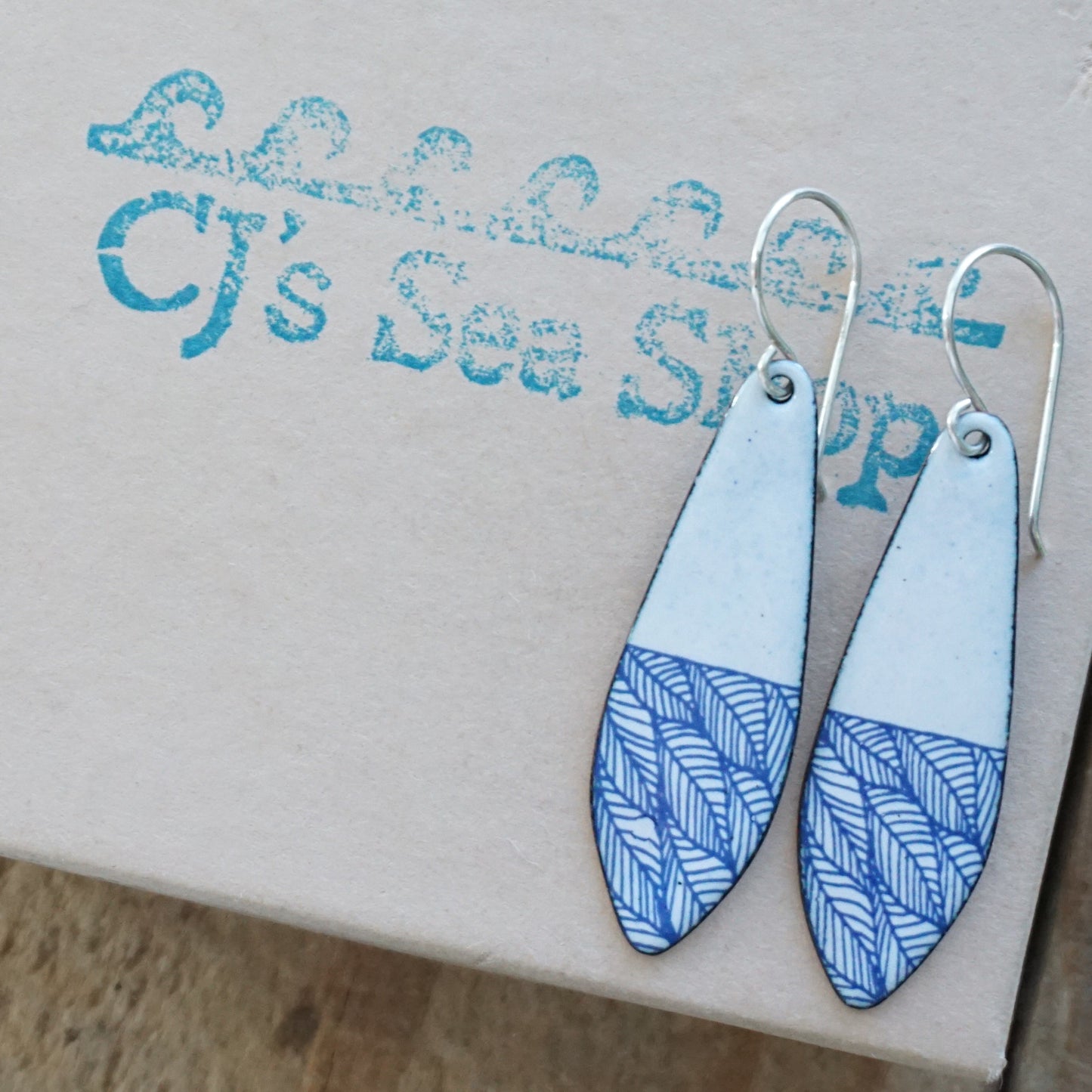 Blue Leaf Accents on White Enamel Teardrop Earrings