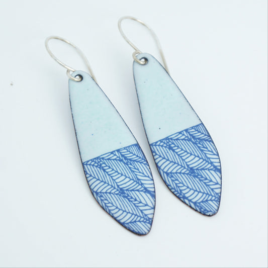 Blue Leaf Accents on Seafoam Green Enamel Teardrop Earrings