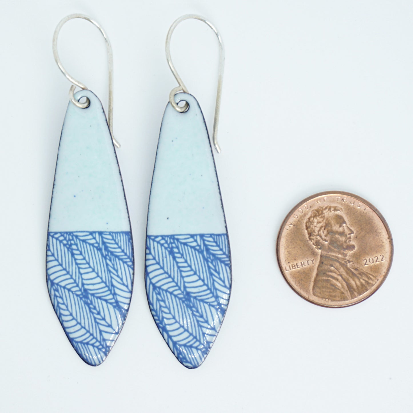 Blue Leaf Accents on Seafoam Green Enamel Teardrop Earrings