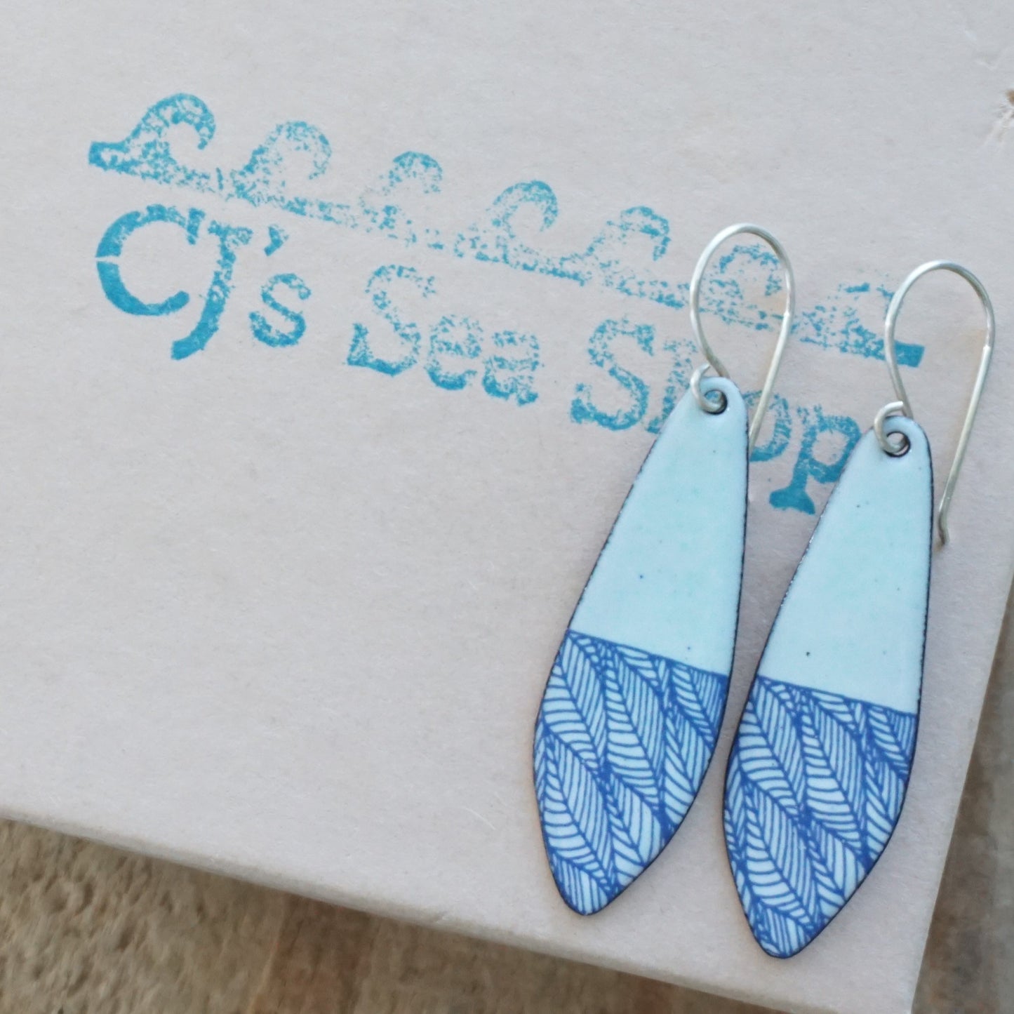 Blue Leaf Accents on Seafoam Green Enamel Teardrop Earrings