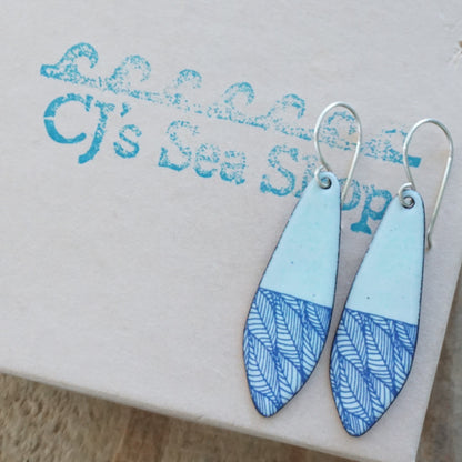 Blue Leaf Accents on Seafoam Green Enamel Teardrop Earrings