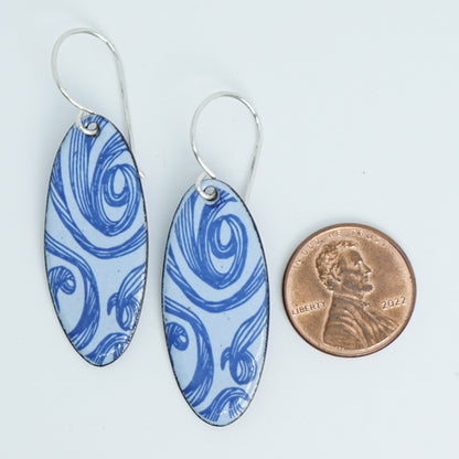 Blue Swirls on Light Periwinkle Enamel Oval Earrings