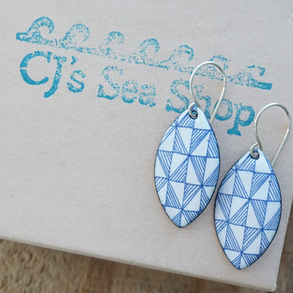 Blue Windmill on White Enamel Marquis Earrings