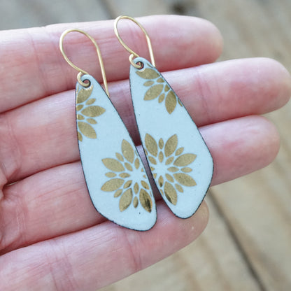 CLEARANCE Gold Retro Flowers on Light Periwinkle Teardrop Earrings