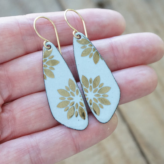 CLEARANCE Gold Retro Flowers on Light Periwinkle Teardrop Earrings