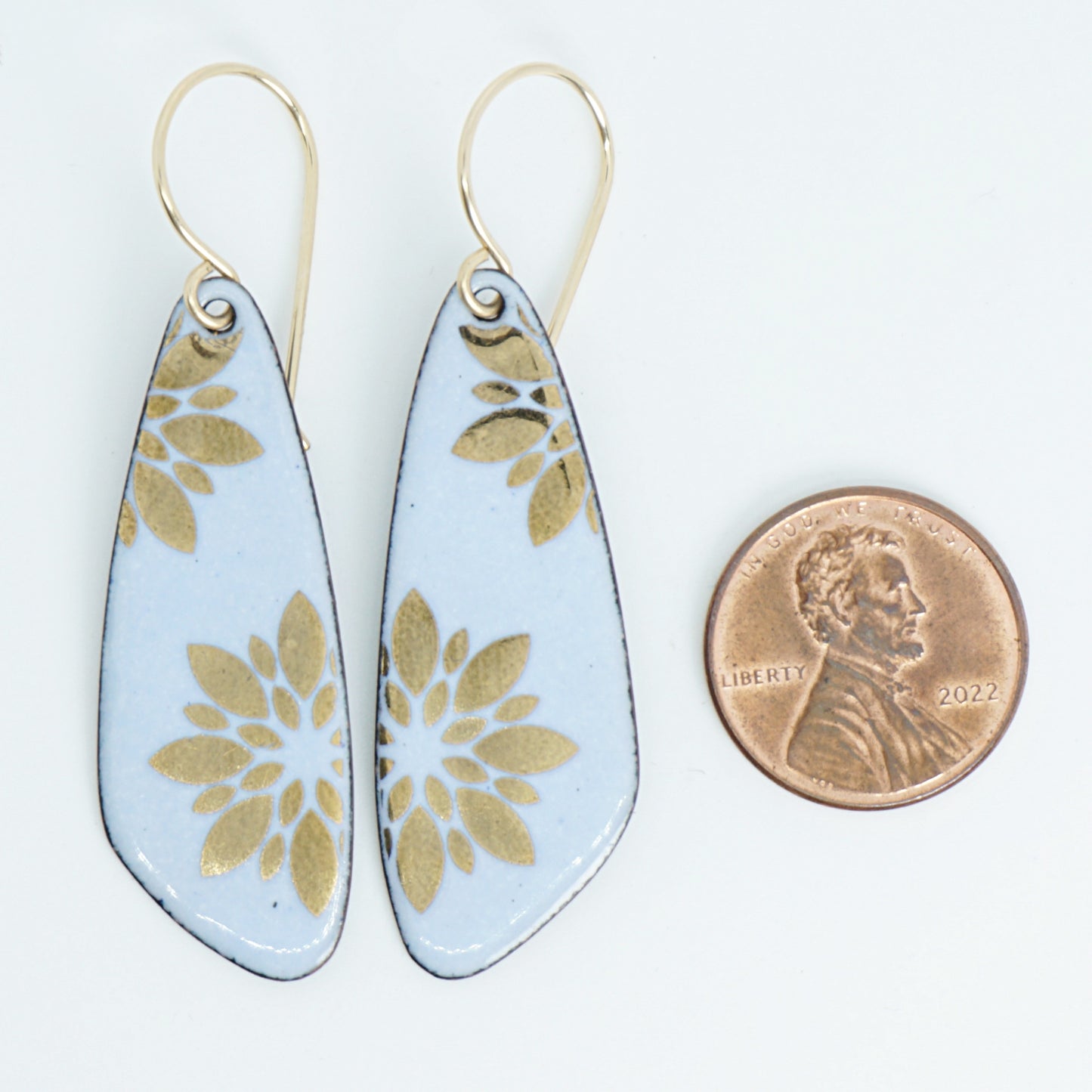 CLEARANCE Gold Retro Flowers on Light Periwinkle Teardrop Earrings