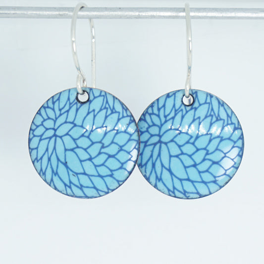 Blue Flower Accents on Light Blue Enamel Disc Earrings