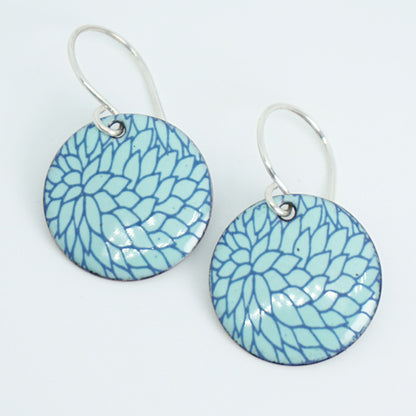 Blue Flower Accents on Seafoam Green Enamel Disc Earrings
