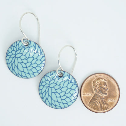 Blue Flower Accents on Seafoam Green Enamel Disc Earrings