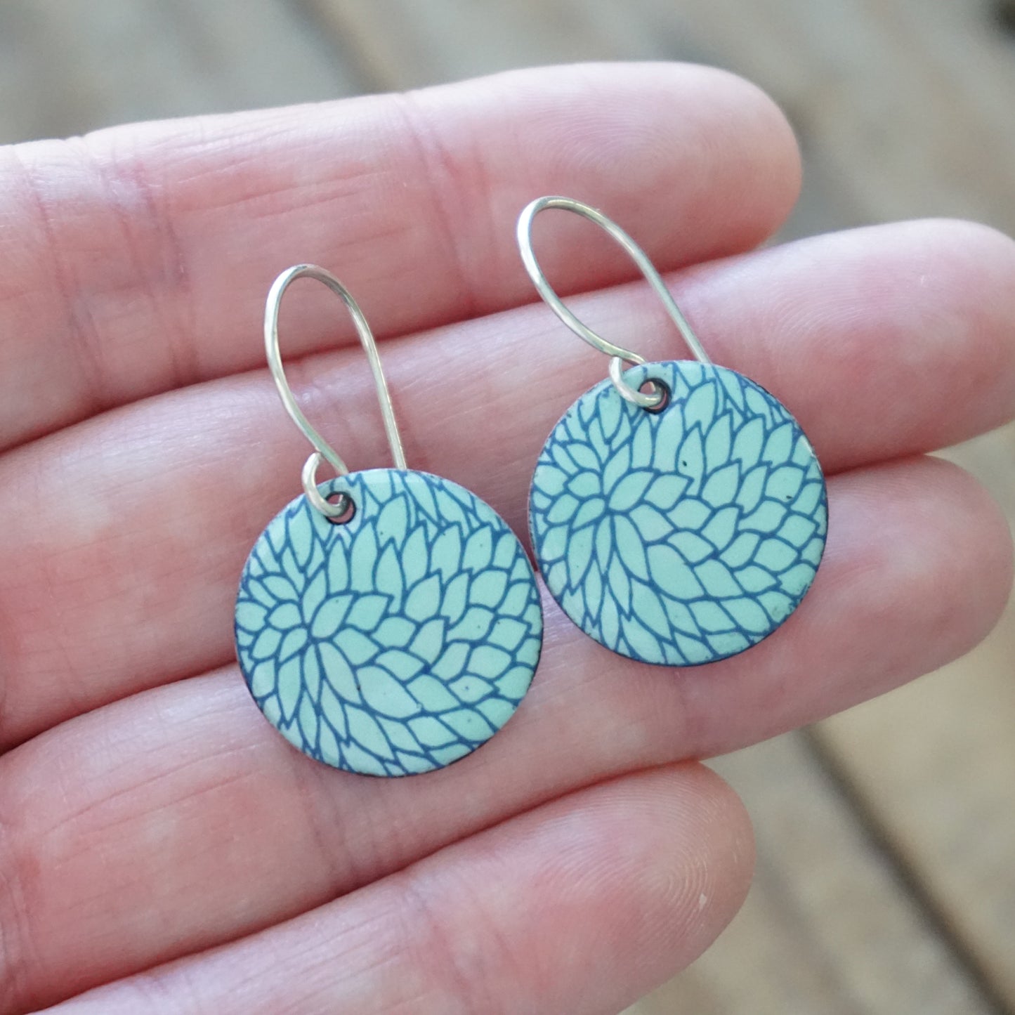 Blue Flower Accents on Seafoam Green Enamel Disc Earrings