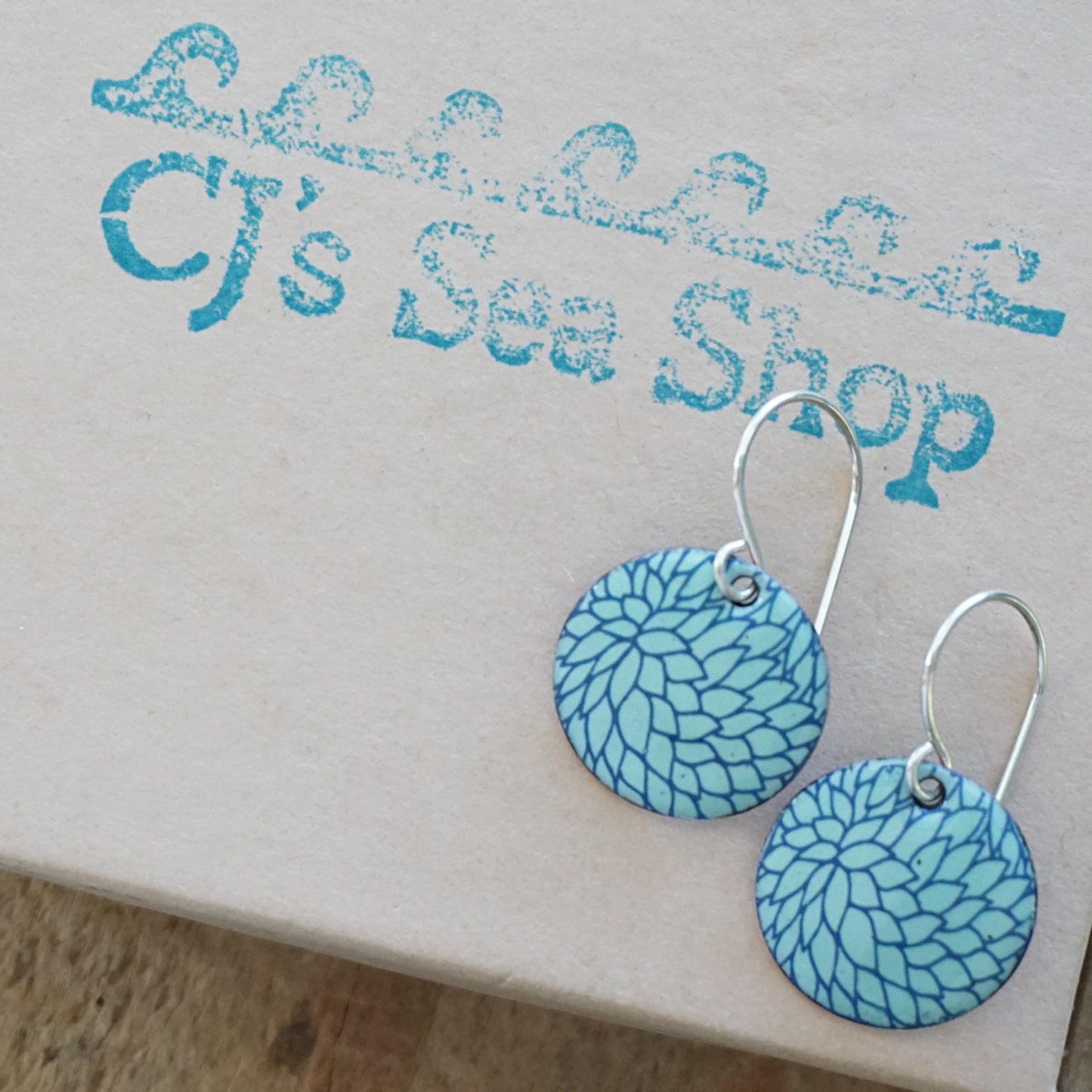 Blue Flower Accents on Seafoam Green Enamel Disc Earrings