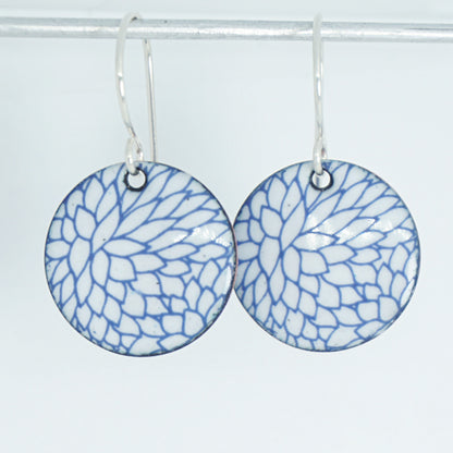 Blue Flower Accents on White Enamel Disc Earrings