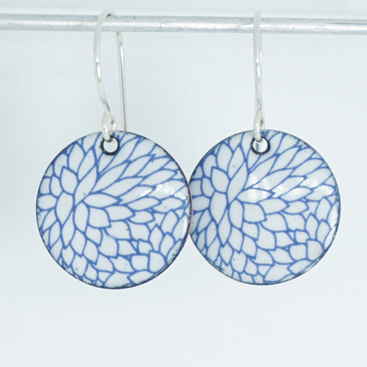 Blue Flower Accents on White Enamel Disc Earrings