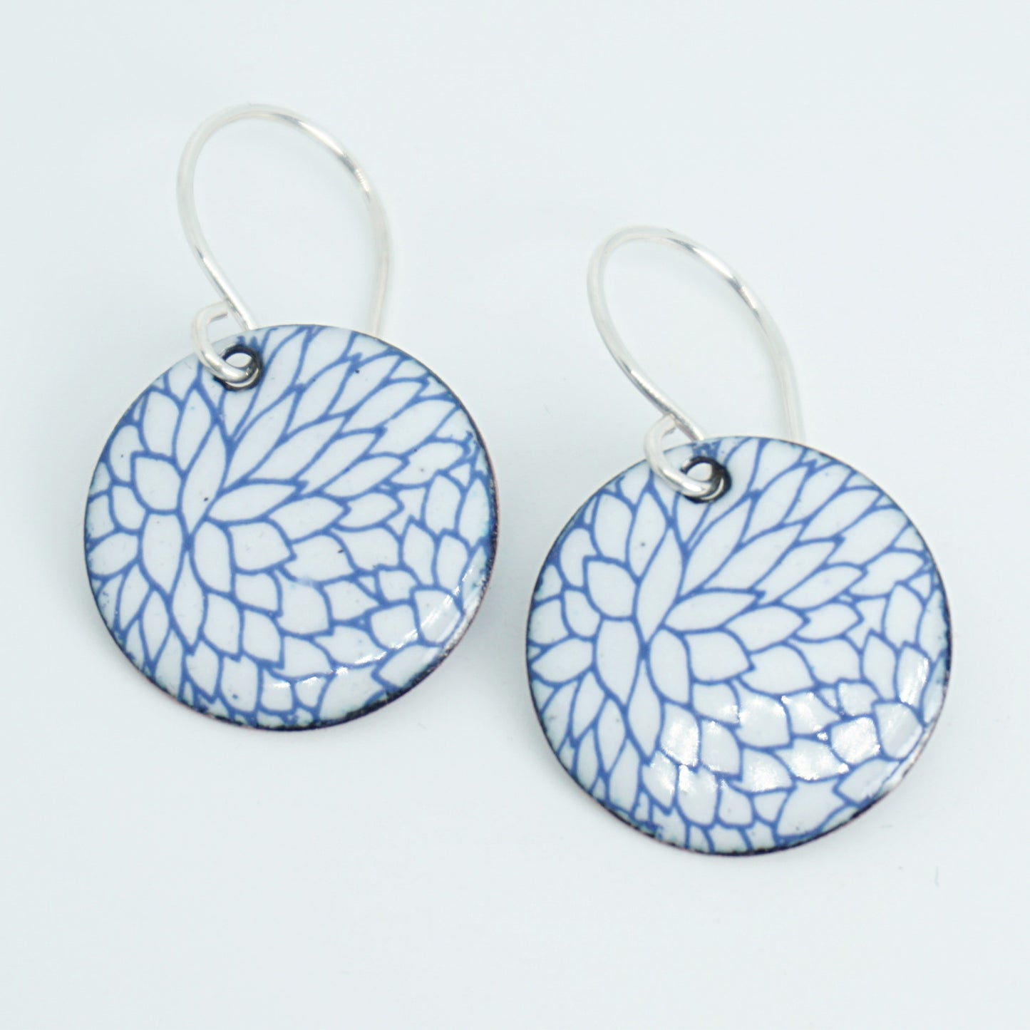 Blue Flower Accents on White Enamel Disc Earrings